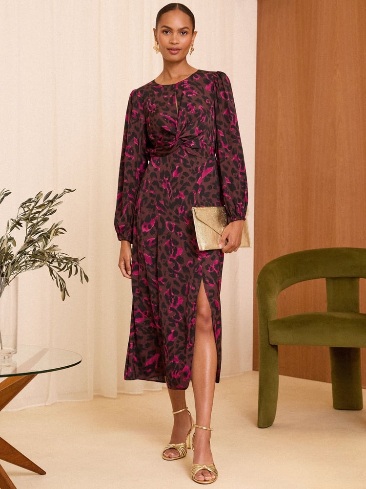 Love & Roses Brown Animal Printed Satin Twist Long Sleeve Midi Dress - Image 1 of 4