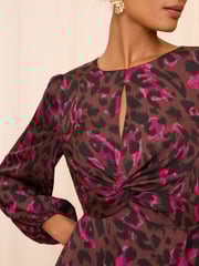 Love & Roses Brown Animal Printed Satin Twist Long Sleeve Midi Dress - Image 2 of 4