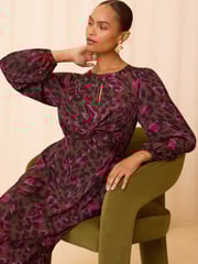 Love & Roses Brown Animal Printed Satin Twist Long Sleeve Midi Dress - Image 3 of 4