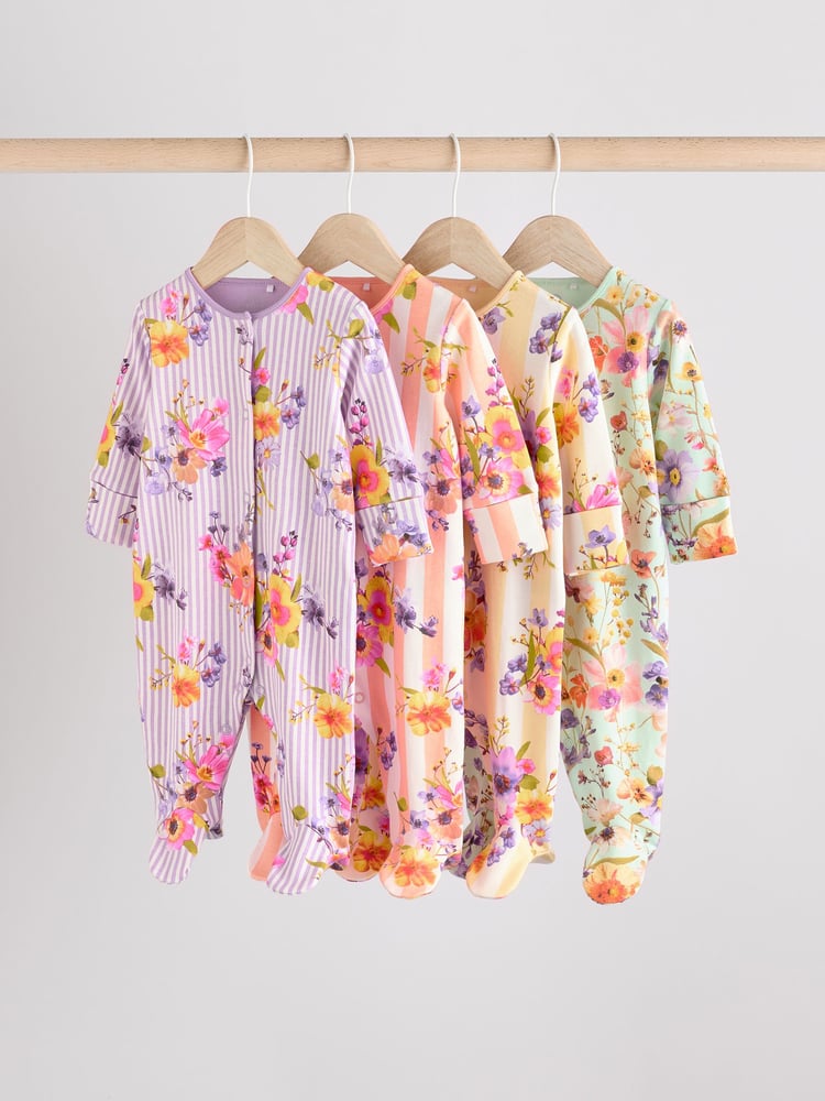 Yellow Floral Baby 100% Cotton Sleepsuits 4 Pack (0-2yrs) - Image 1 of 14