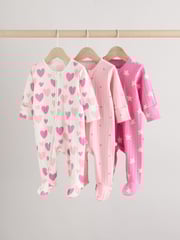 Pink Baby Pink Heart Printed 100% Cotton Sleepsuit 3 Pack (0mths-2yrs) (0mths-2yrs) - Image 1 of 15