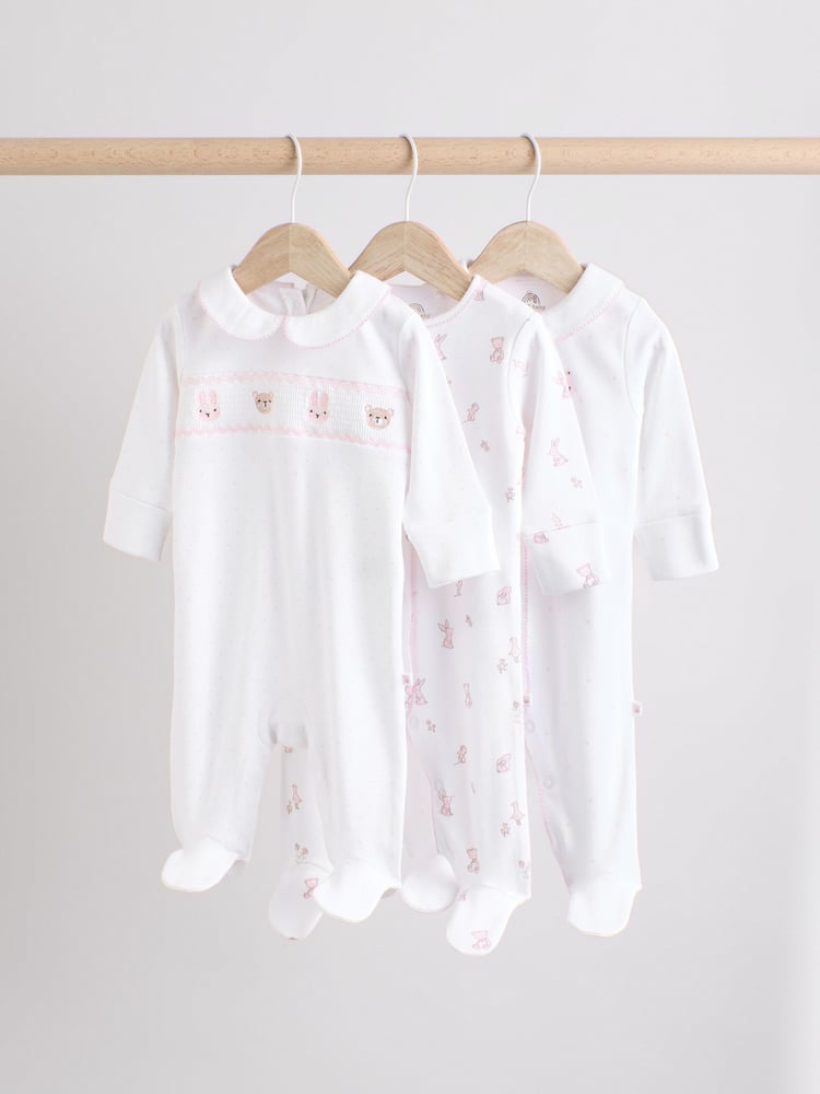 White Baby Collar 100% Cotton Sleepsuits 3 Pack (0-2yrs) - Image 1 of 13