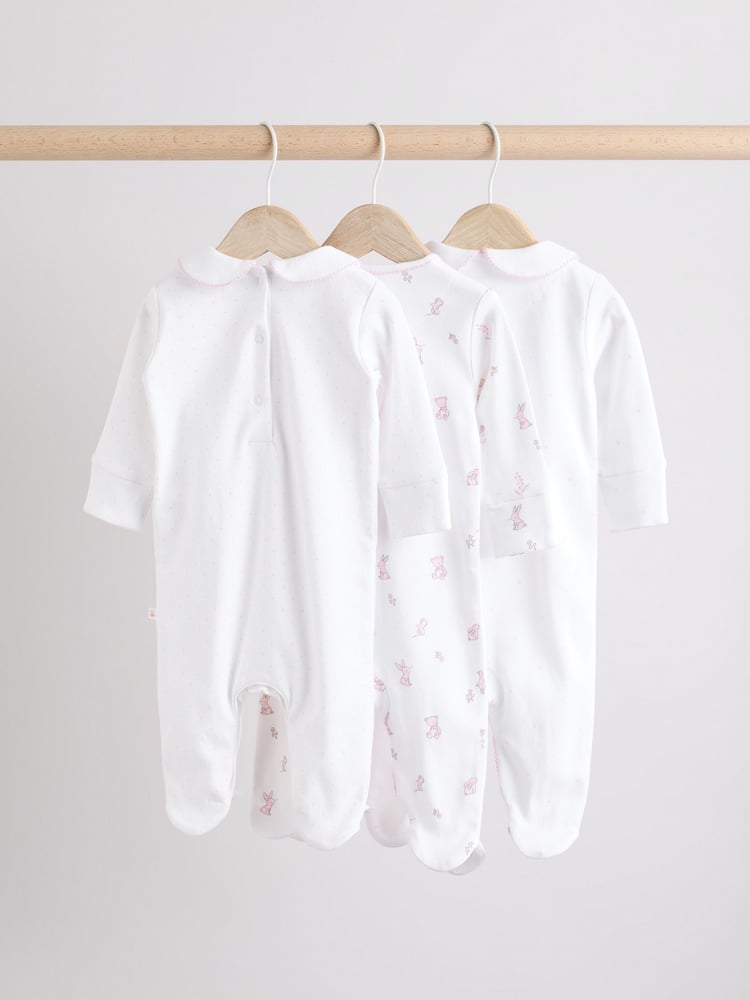 White Baby Collar 100% Cotton Sleepsuits 3 Pack (0-2yrs) - Image 2 of 13
