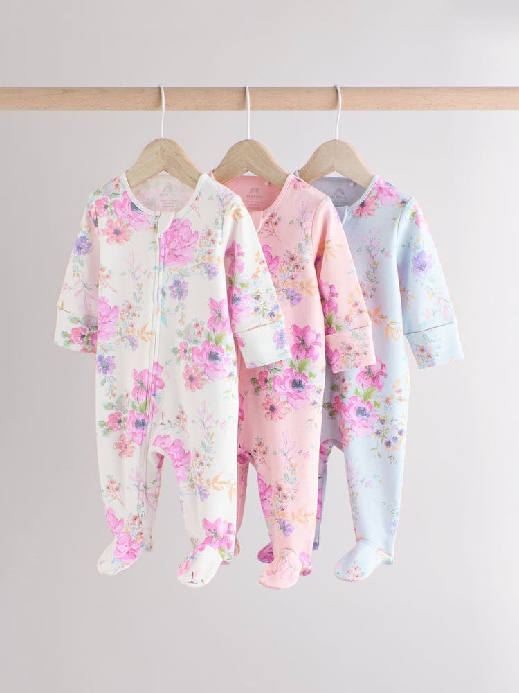 Pink Floral Baby 100% Cotton Sleepsuits 3 Pack (0mths-2yrs) - Image 1 of 11