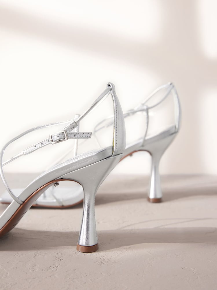 Silver Premium Square Toe Leather Strappy Heels - Image 11 of 11