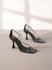 Black Premium Square Toe Leather Strappy Heels - Image 1 of 5