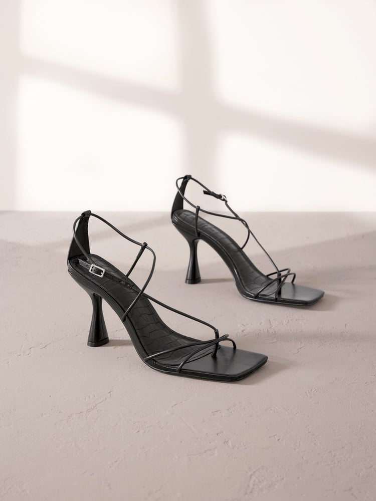 Black Premium Square Toe Leather Strappy Heels - Image 1 of 5