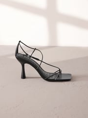 Black Premium Square Toe Leather Strappy Heels - Image 2 of 5