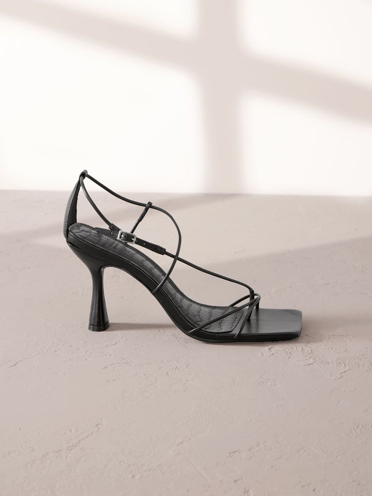 Black Premium Square Toe Leather Strappy Heels - Image 2 of 5
