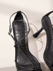 Black Premium Square Toe Leather Strappy Heels - Image 4 of 5