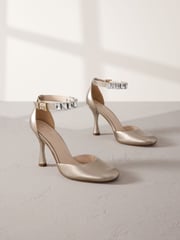 Gold Premium Leather Jewel Strap Round Toe Heels - Image 7 of 12