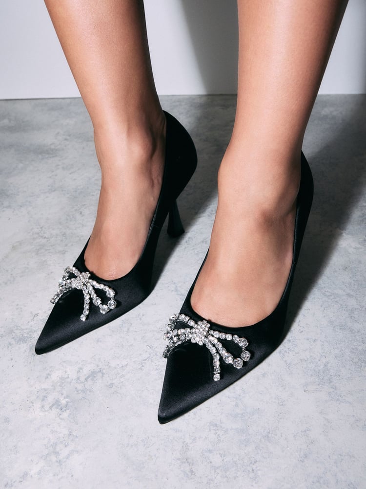 Black Forever Comfort® Point Toe Bow Jewel Trim Slingback Heels - Image 5 of 5