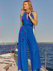 Sosandar Blue Petite Halter Neck Jumpsuit With Gold Chain Detail - Image 4 of 5