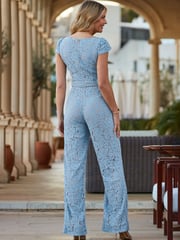 Sosandar Blue Petite Petite Luxe Lace Belted Jumpsuit - Image 2 of 5