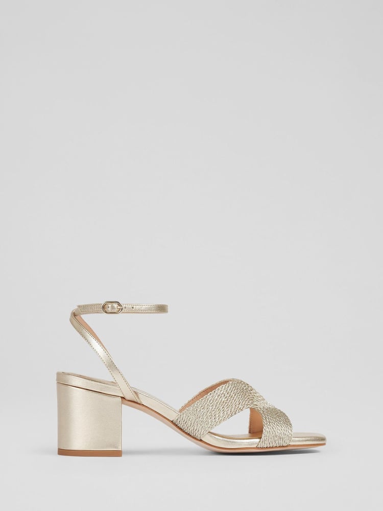 LK Bennett Gold Stella Woven Leather 100% Cotton Sandals - Image 1 of 3