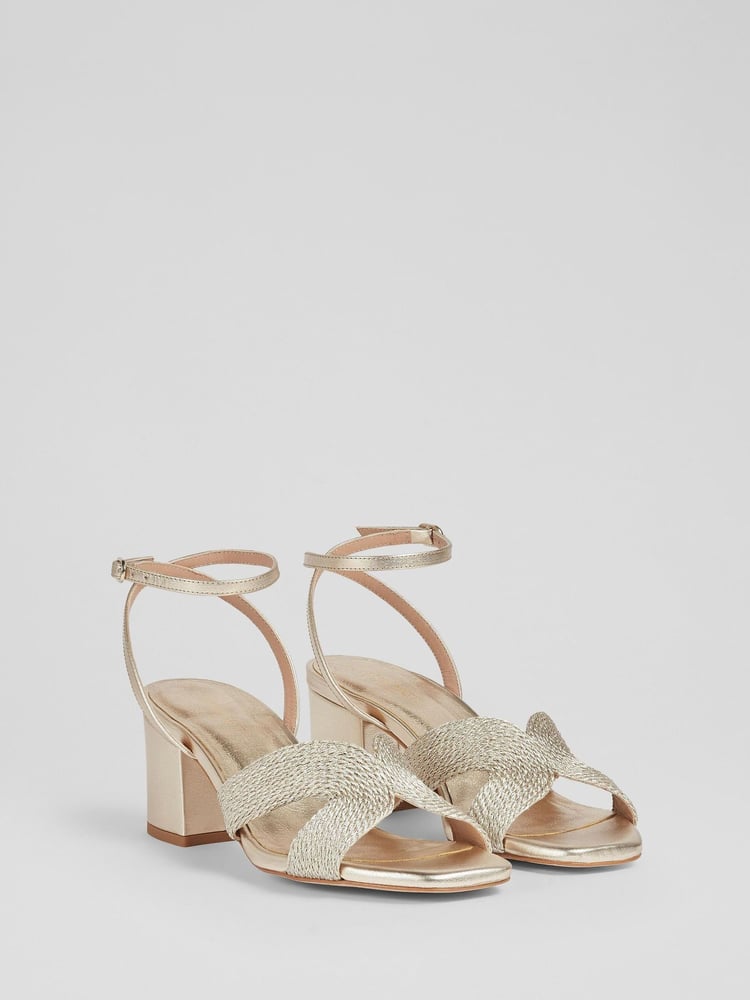LK Bennett Gold Stella Woven Leather 100% Cotton Sandals - Image 2 of 3