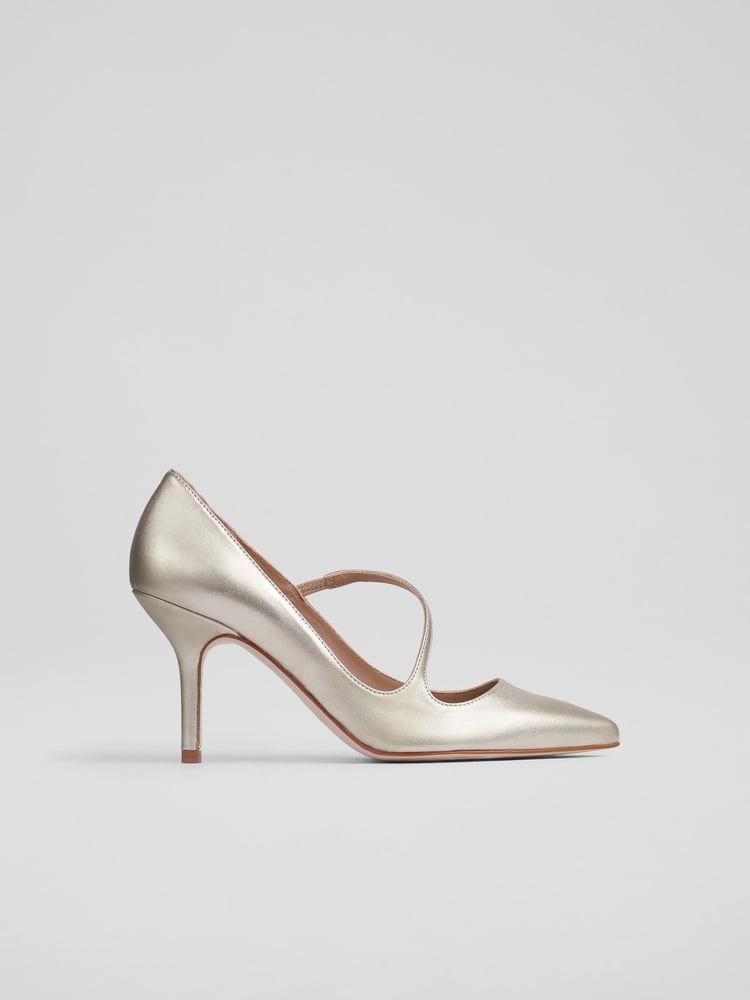LK Bennett Gold Simone Metallic Leather Asymmetric Strap Courts - Image 1 of 4