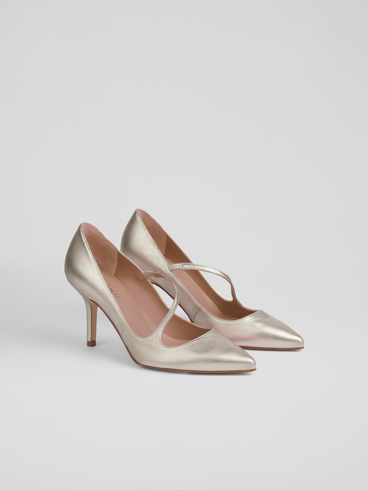 LK Bennett Gold Simone Metallic Leather Asymmetric Strap Courts - Image 2 of 4