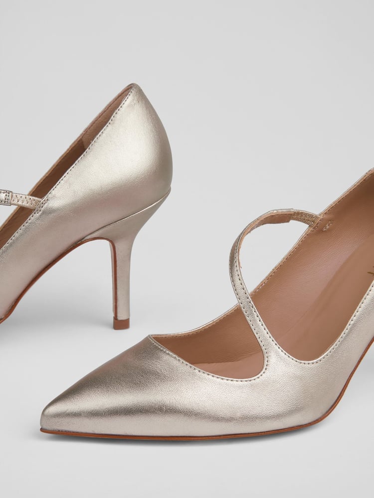 LK Bennett Gold Simone Metallic Leather Asymmetric Strap Courts - Image 4 of 4
