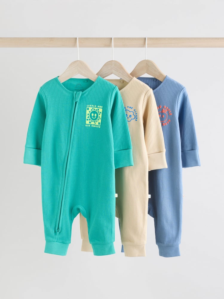 Blue Baby Two Way Zip Footless 100% Cotton Sleepsuits 3 Pack (0mths-3yrs) - Image 1 of 14