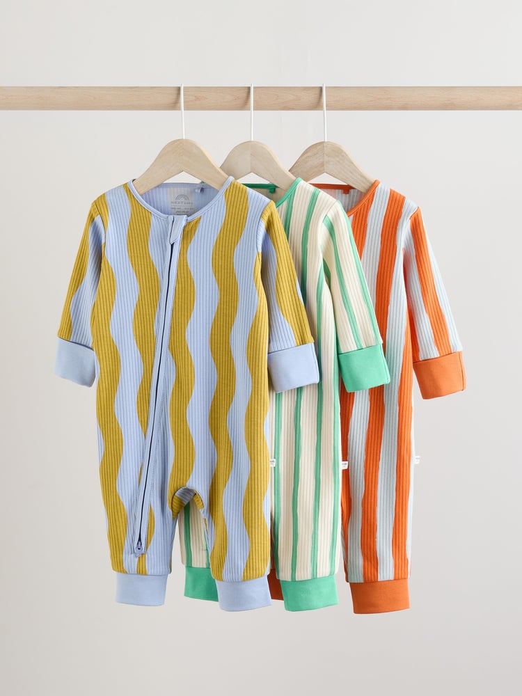 Blue/Orange Baby Two Way Zip Footless 100% Cotton Sleepsuits 3 Pack (0mths-3yrs) - Image 1 of 13