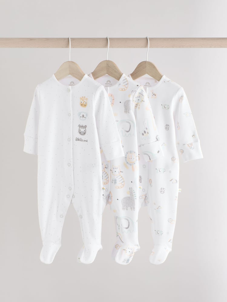 White Baby Animal Print 100% Cotton Sleepsuits 3 Pack (0-2yrs) - Image 1 of 12