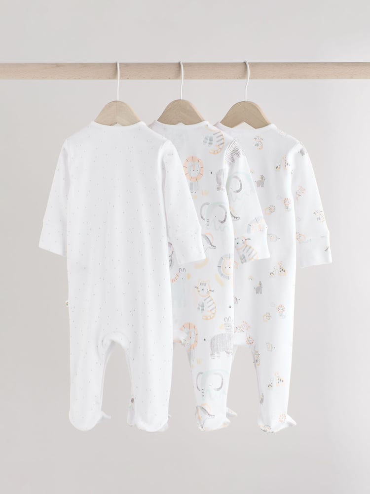 White Baby Animal Print 100% Cotton Sleepsuits 3 Pack (0-2yrs) - Image 2 of 12
