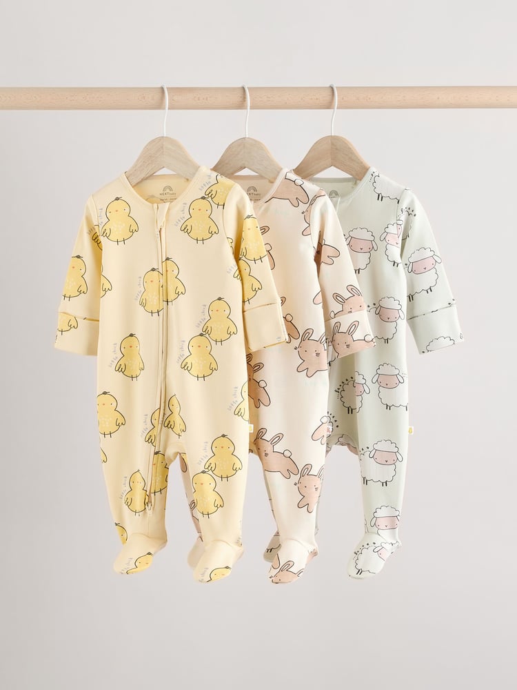 Yellow Baby Spring Two Way Zip 100% Cotton Sleepsuits 3 Pack (0mths-2yrs) - Image 1 of 11