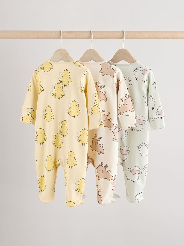 Yellow Baby Spring Two Way Zip 100% Cotton Sleepsuits 3 Pack (0mths-2yrs) - Image 2 of 11