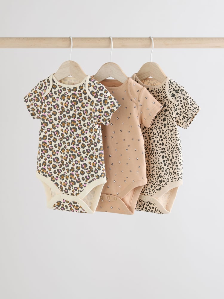 Brown Animal Short Sleeve 100% Cotton Baby Bodysuits 3 Pack - Image 1 of 9
