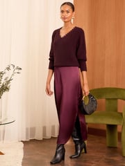 Love & Roses Red 2in1 Knitted Satin Midi Dress - Image 1 of 4