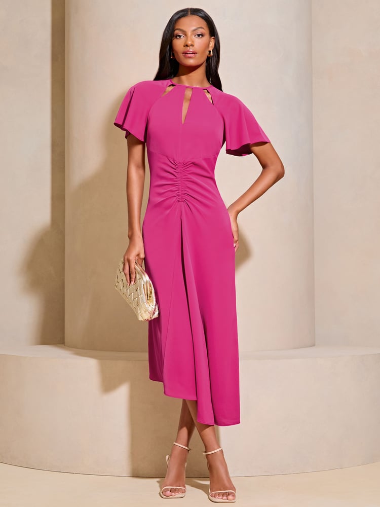 Lipsy Pink Ruched Front Keyhole Cut Out Asymmetrical Midi Dress - Image 1 of 4