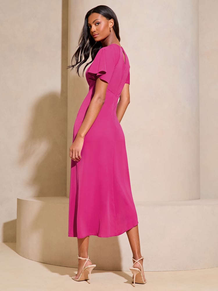 Lipsy Pink Ruched Front Keyhole Cut Out Asymmetrical Midi Dress - Image 2 of 4