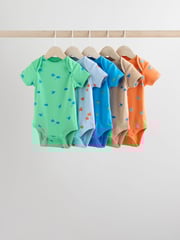 Blue/Green/Red Dinosaur Print Short Sleeve Baby Bodysuits 5 Pack - Image 1 of 13
