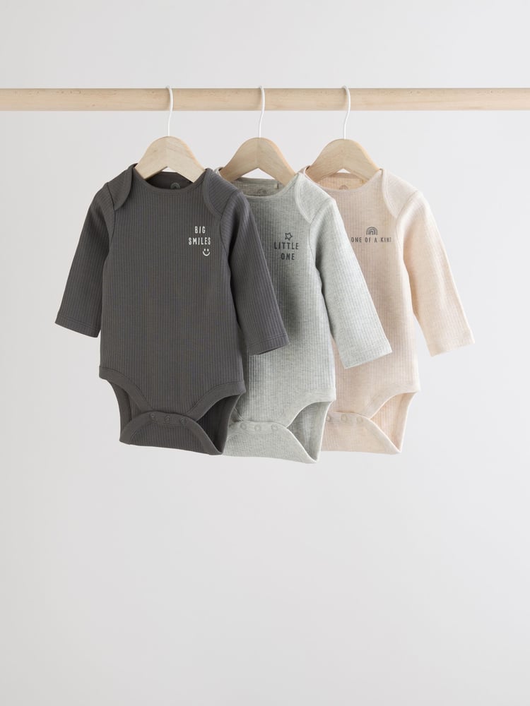 Monochrome Baby Long Sleeve Bodysuits 3 Pack - Image 1 of 11