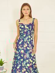 Yumi Blue Fruit Print Strappy Sundress With Front Split - Image 3 of 5