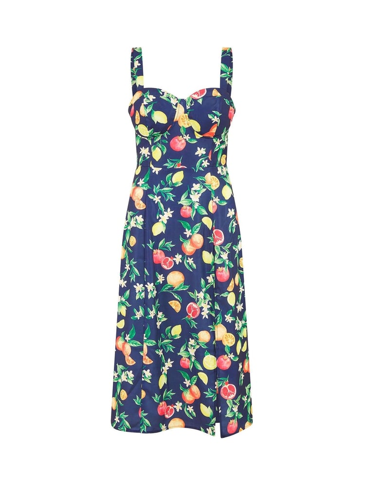 Yumi Blue Fruit Print Strappy Sundress With Front Split - Image 5 of 5