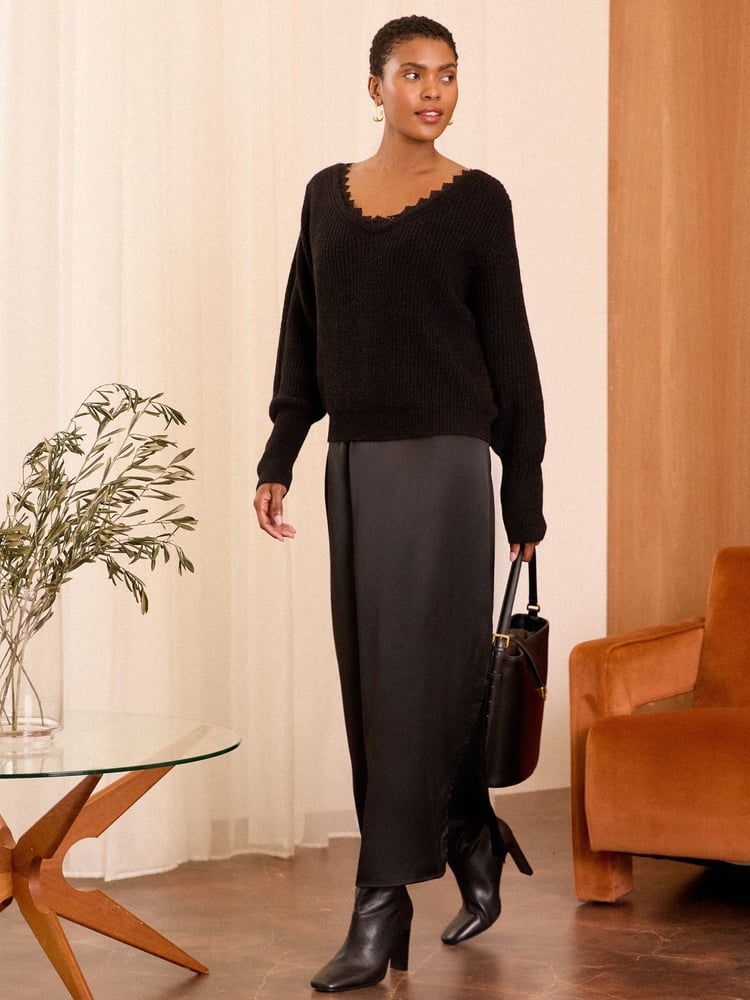 Love & Roses Black 2in1 Knitted Satin Midi Dress - Image 1 of 4 Love & Roses Black 2in1 Knitted Satin Midi Dress - Image 1 of 4