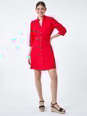 Roman Red Short Belted 100% Linen Shirt Dress - Image 1 of 5