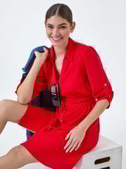 Roman Red Short Belted 100% Linen Shirt Dress - Image 2 of 5
