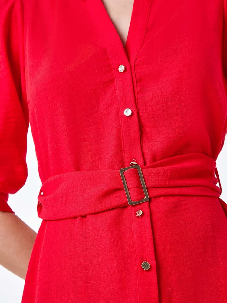 Roman Red Short Belted 100% Linen Shirt Dress - Image 5 of 5