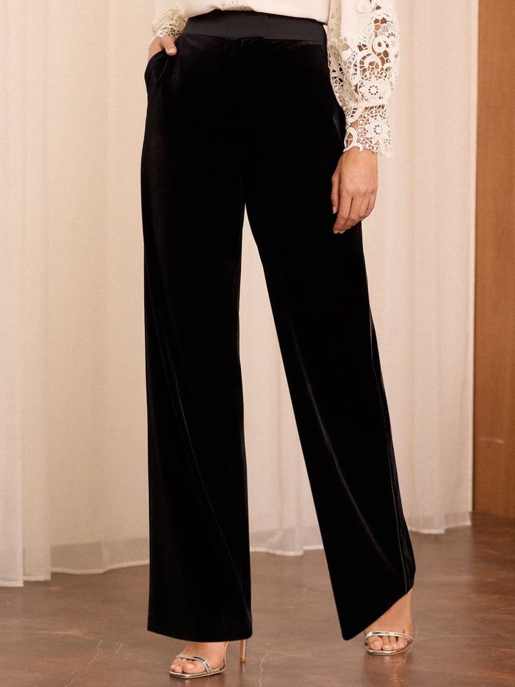 Love & Roses Black Velvet High Waist Wide Leg Tailored Trousers - Image 2 of 4 Love & Roses Black Velvet High Waist Wide Leg Tailored Trousers - Image 2 of 4