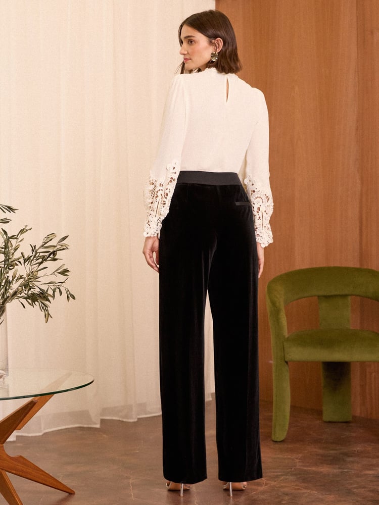 Love & Roses Black Velvet High Waist Wide Leg Tailored Trousers - Image 4 of 4 Love & Roses Black Velvet High Waist Wide Leg Tailored Trousers - Image 4 of 4