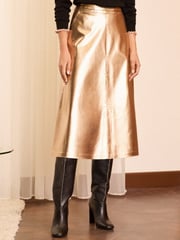Love & Roses Gold Faux Leather Fit and Flare Midi Skirt - Image 1 of 4