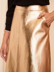 Love & Roses Gold Faux Leather Fit and Flare Midi Skirt - Image 2 of 4