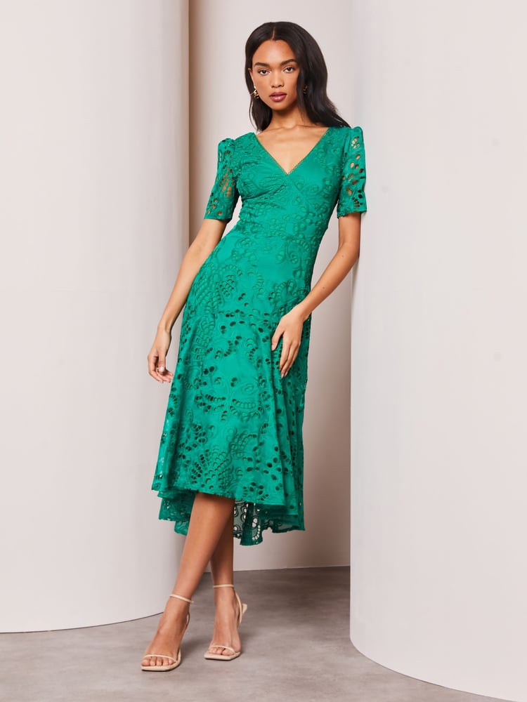 Lipsy Green Premium Broderie Lace Shortss Sleeve V Neck High Low Midi Dress - Image 1 of 4 Lipsy Green Premium Broderie Lace Shortss Sleeve V Neck High Low Midi Dress - Image 1 of 4