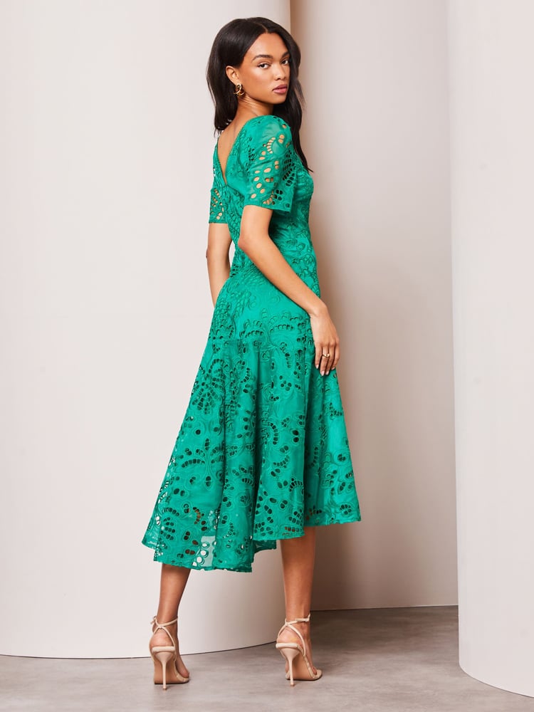 Lipsy Green Premium Broderie Lace Shortss Sleeve V Neck High Low Midi Dress - Image 2 of 4 Lipsy Green Premium Broderie Lace Shortss Sleeve V Neck High Low Midi Dress - Image 2 of 4