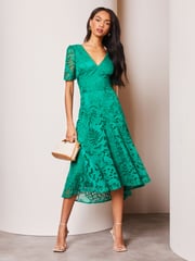 Lipsy Green Premium Broderie Lace Shortss Sleeve V Neck High Low Midi Dress - Image 3 of 4