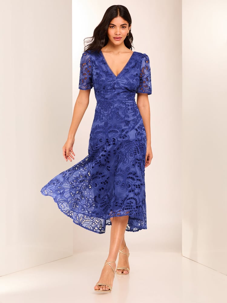 Lipsy Blue Premium Broderie Lace Shortss Sleeve V Neck High Low Midi Dress - Image 1 of 4 Lipsy Blue Premium Broderie Lace Shortss Sleeve V Neck High Low Midi Dress - Image 1 of 4