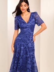 Lipsy Blue Premium Broderie Lace Shortss Sleeve V Neck High Low Midi Dress - Image 2 of 4
